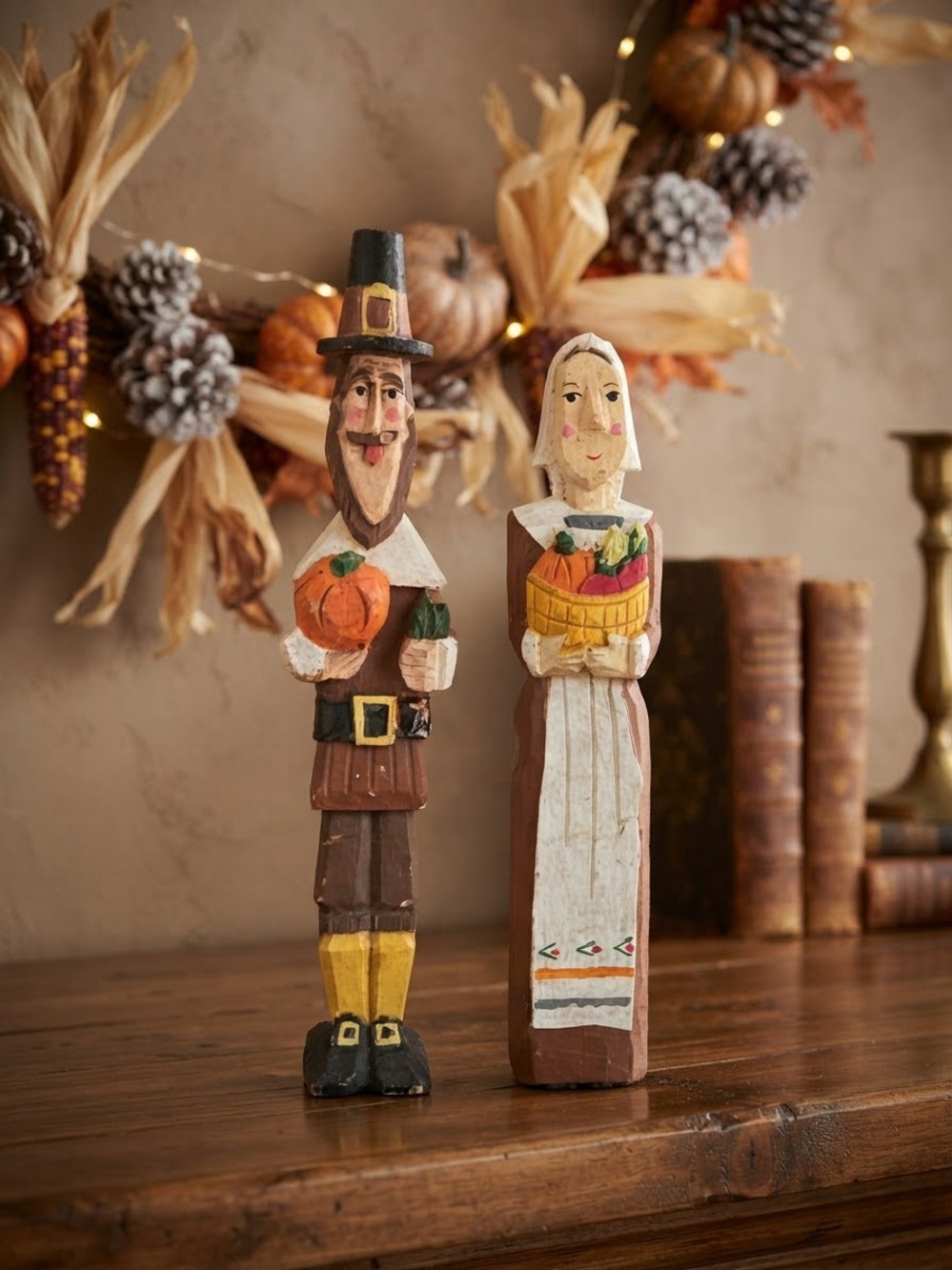 Vintage 1984 Handcarved Wooden Pilgrim Man & Woman Thanksgiving Folk Art Figures